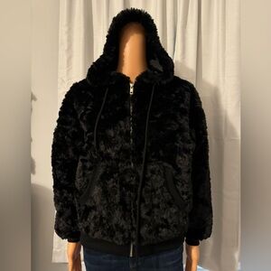 Pretty Fashion Nova size S black hooded full zip faux fur coat lined pockets